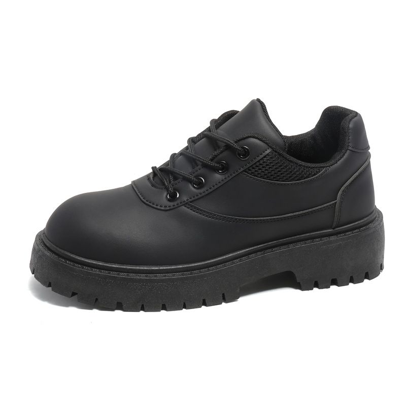 Men's Shoes Four Seasons Lace Up Solid Color Niche Leather Shoes Men's Outdoor Leather Thick Soled Work Shoes Fashionable New Black Big Toed Shoes_vogvips.com