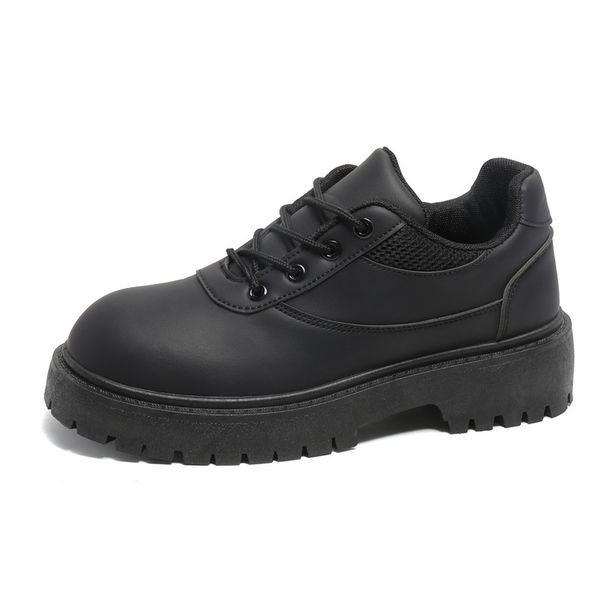 Men's Shoes Four Seasons Lace Up Solid Color Niche Leather Shoes Men's Outdoor Leather Thick Soled Work Shoes Fashionable New Black Big Toed Shoes_vogvips.com