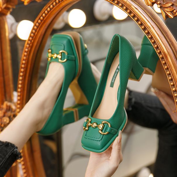 Vintage Square Head High Heels For Women New Horse Buckle French Mary Jane Thick Heel Professional Work Shoes_vogvips.com