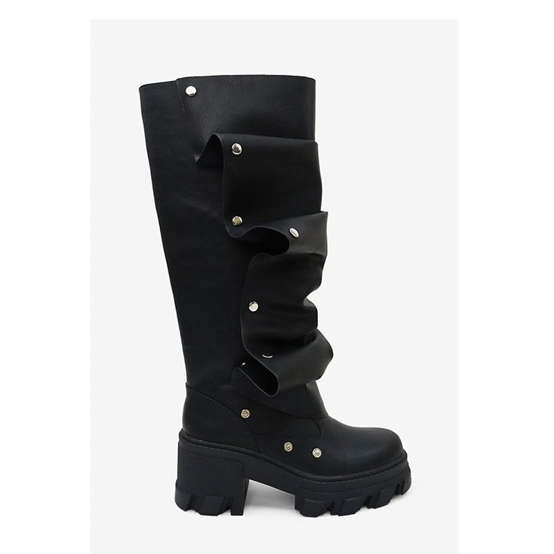 Women's Shoes New High Heels Thick Bottom Round Head Metal Rivets Two Way Wear Pile Knee High Boots Large Size Women's Shoes_vogvips.com