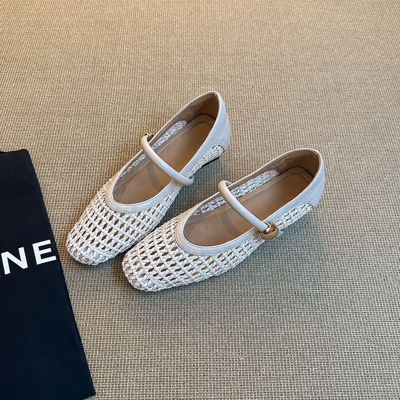 Women's French Woven Openwork Mary Jane Shoes Summer Single Strap Low Cut Flats Chunky Heel Sandals in Stock Ready to Ship_vogvips.com