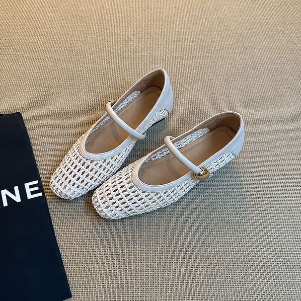 Women's French Woven Openwork Mary Jane Shoes Summer Single Strap Low Cut Flats Chunky Heel Sandals in Stock Ready to Ship_vogvips.com
