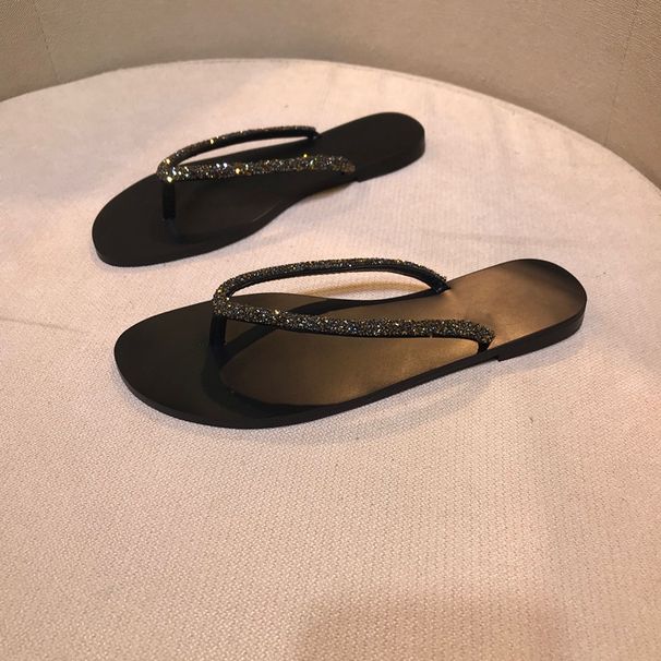 2024 Summer New Rhinestone Flip-Flops Flat Toe Outdoor Beach Sandals For Women Black Versatile Style_vogvips.com