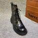 European Station Winter Martin Round Toe Carved Leather Flat Short Front Lace-up Low Heel British Style Fleece Lined_vogvips.com