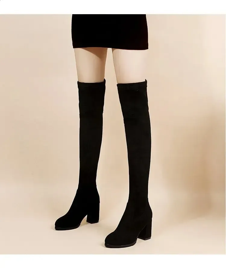 artificial Suede Autumn Zipper Elastic Knee Boots Womens Lace High Heels Black Botas Drone 240911_vogvips.com