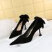 17175-A2 Korean Version Sweet Heels Women's Shoes Thin High Heel Suede Shallow Mouth Pointed Colored Bow Tie Single Shoe_vogvips.com