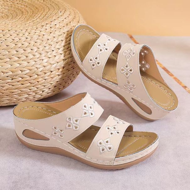 New Women Embroider Flowers Leather Women's Sandals Outdoor Light Casual Wedges Slippers Slip On Summer Shoes For Woman_vogvips.com
