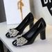 Women's Shoes Chunky Heel High Heels, Versatile Rhinestone Bow Dress/Wedding Dress Shoes, Patent Leather Elegant Square Toe Flats For Women_vogvips.com