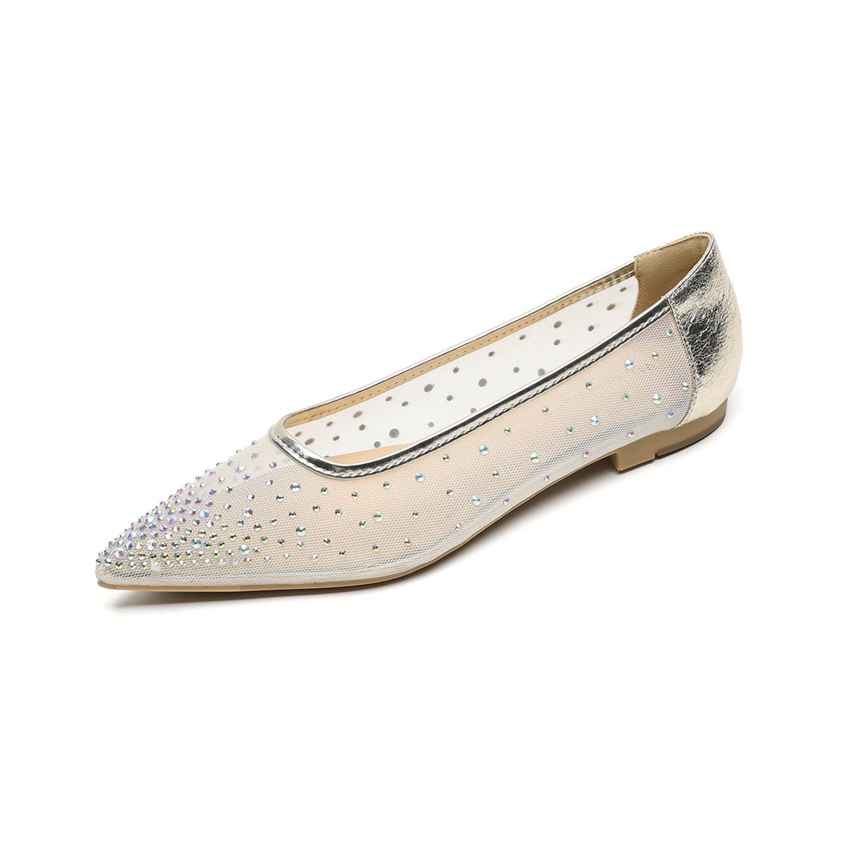Shallow Single Shoes Female Flat Bottom Fairy Wind Mesh Soft Sole Gentle Pointed Rhinestone Flats_vogvips.com