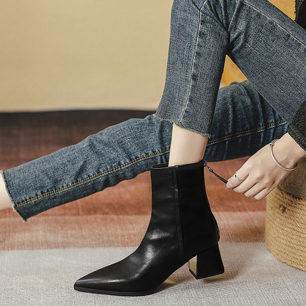 Chunky Heel Short Boots French Style Elegant High Heel Slim 2025 New Boots Brown Pointed Toe Ankle Boots Spring Autumn Single Boot_vogvips.com