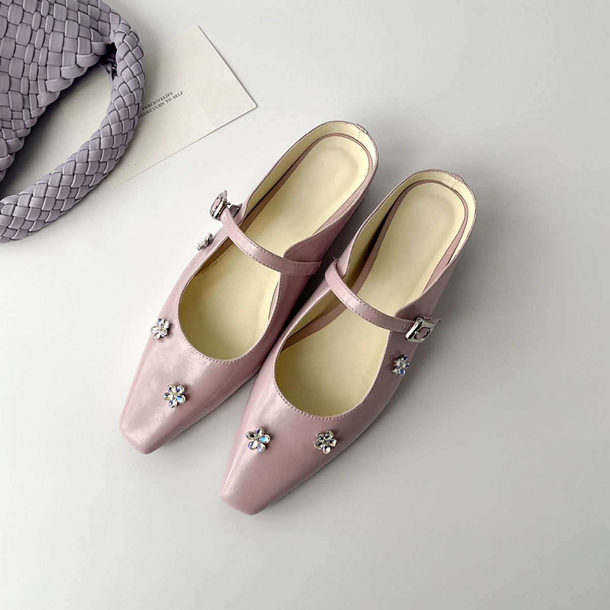 Sheepskin Version Rhinestone Flower Closed Toe Half Slippers Outside And Increase Height With Square Toe Elegant Mary Jane Single Shoes_vogvips.com