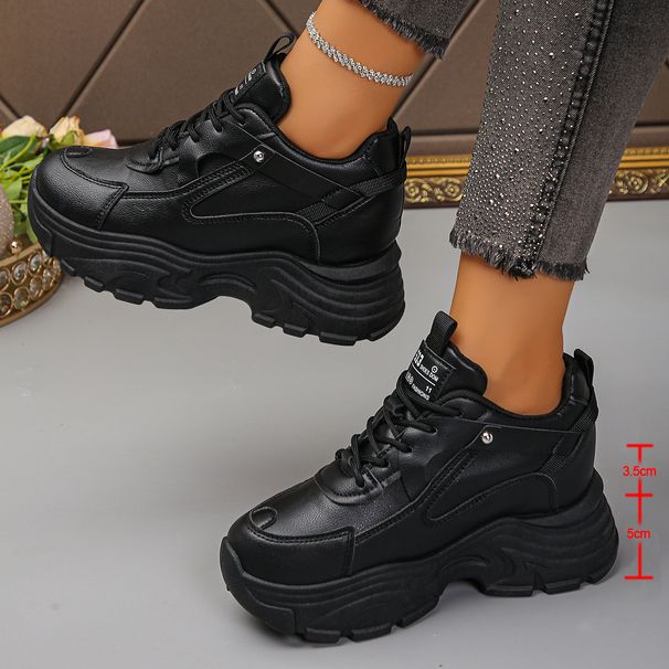 Women S Fashion White Platform Thick Sole Non Slip Sports Shoes For Lace Up Height Increase Chunky Sneakers_vogvips.com