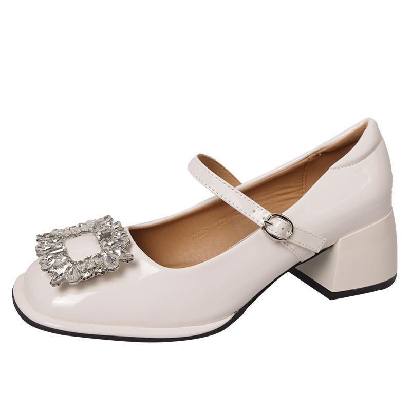 French High Heels, Red Small Leather Mary Jane Women's Thick Heel Rhinestone Wedding Bride's Shoes, Early Spring Shoes_vogvips.com