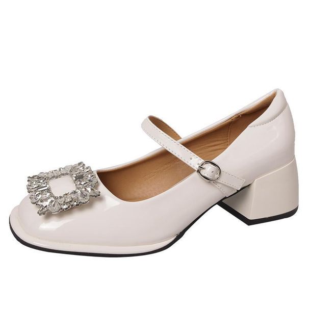French High Heels, Red Small Leather Mary Jane Women's Thick Heel Rhinestone Wedding Bride's Shoes, Early Spring Shoes_vogvips.com