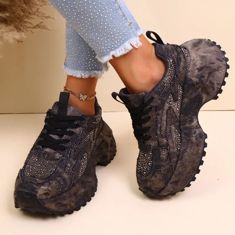 Fall New Heavy Industry Denim Rhinestone Platform Casual Women S Sneakers Round Toe Large Size Single Shoes_vogvips.com