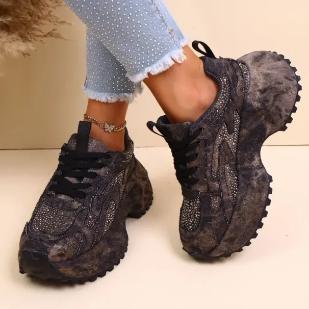 Fall New Heavy Industry Denim Rhinestone Platform Casual Women S Sneakers Round Toe Large Size Single Shoes_vogvips.com