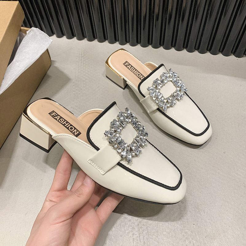 Women’s Shoes Closed Toe Half Slippersheel Flat Single-layer Shoes Square Buckle Rhinestone Internet Celebrity All-match Outdoor L_vogvips.com
