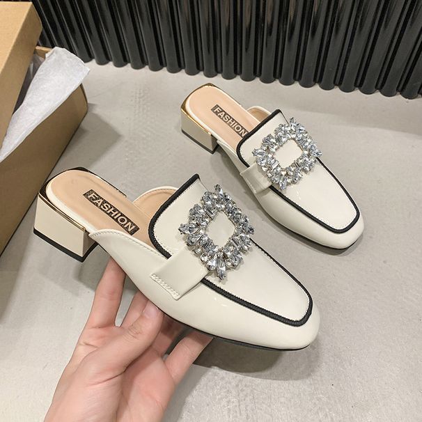 Women’s Shoes Closed Toe Half Slippersheel Flat Single-layer Shoes Square Buckle Rhinestone Internet Celebrity All-match Outdoor L_vogvips.com