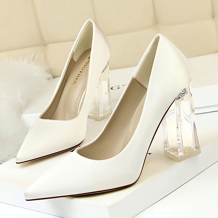 2993-1 Korean Style Fashion Transparent Crystal Heel Satin Shallow Pointed Toe Sexy High Heels Wedding Women's Single_vogvips.com