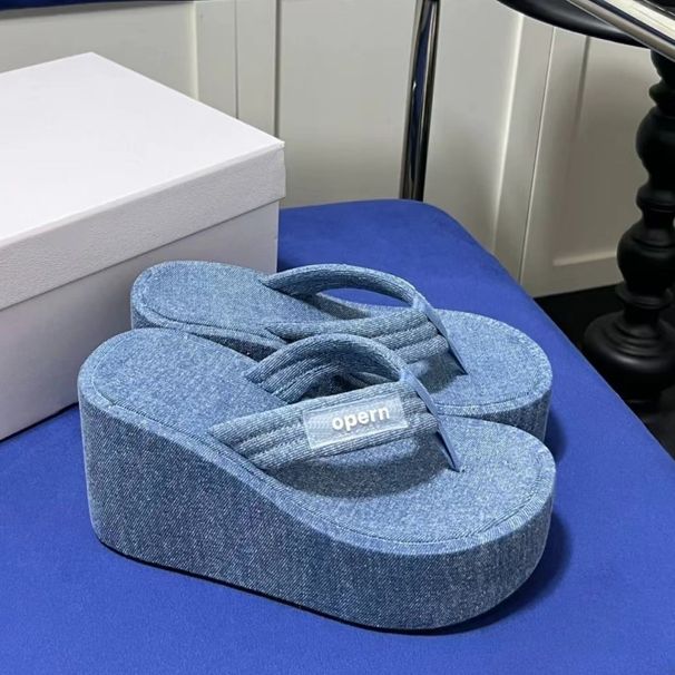 Yimengling Same Style Height Increasing Thick Sole Slippers For Women Outdoor Wear 2025 Summer New Wedge Denim Blue_vogvips.com