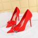 18249-H31 European And American Style Banquet Women's High Heels Stiletto Shallow Mouth Pointed Toe Satin Rhinestone Bow_vogvips.com