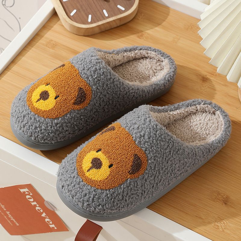 New Comfortable Home Bear Head Cute Warm Winter Slippers Couple Men And Women Thick Soft Sole Cartoon Cotton Shoes_vogvips.com