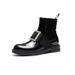 2025 Patent Rhinestone Square Buckle Flat Martin For Women Round Toe Low Heel Elastic Strap Short Women's Leather Boots_vogvips.com