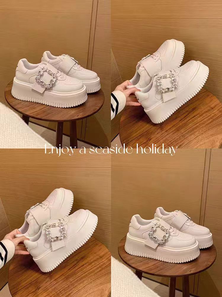 Suyinyin Microfiber Diamond Buckle Wear-resistant Rhinestone Thick Sole Casual Sports Board For Women, White With_vogvips.com