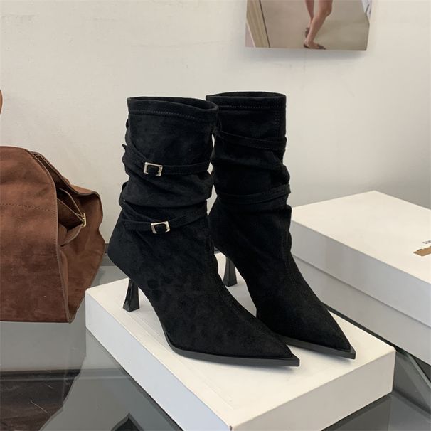Pointed Toe Thin Heel Suede French Style Slim Short Fashion Buckle Strap Khaki Mid-Calf Pleated Slouch Boots_vogvips.com