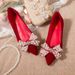 Red Wedding For Women 2022 New Pearl Bow High Heels Pointed Toe Chunky Heel Single Xiuhe Shoes_vogvips.com