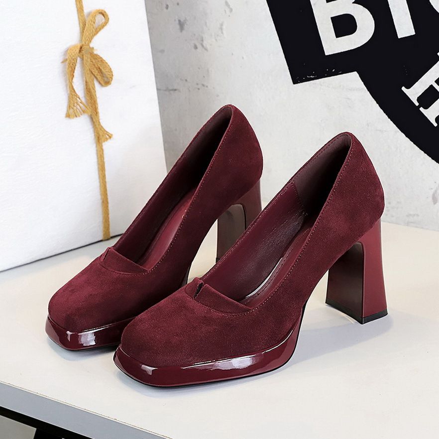 Premium Square Head Suede Women's Shoes Waterproof Table Thick Heel Super High Heel Single Shoes Plain High Heels_vogvips.com
