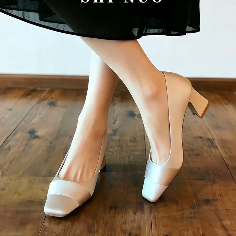 Summer New Satin Square Head Thick Heel Single Shoes Black Apricot Two-color Commuting Versatile Temperament Women's Shoes_vogvips.com