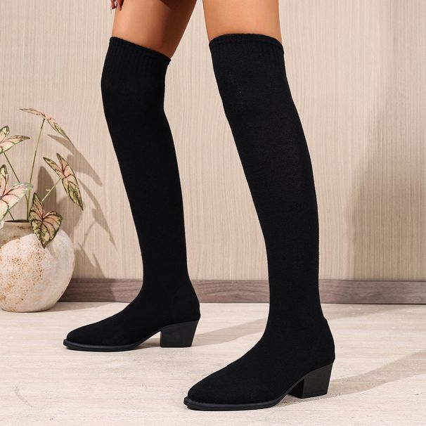 Women's Slimming Pointed Toe Over The Knee Sock Boots Mid Heel Elastic Plus Size Winter Style_vogvips.com
