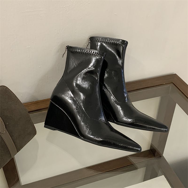 Miting Slim Elegant Pointed Toe Wedge White Fashion 2026 Autumn/Winter Back Zipper Versatile High Heel Ankle Boots_vogvips.com