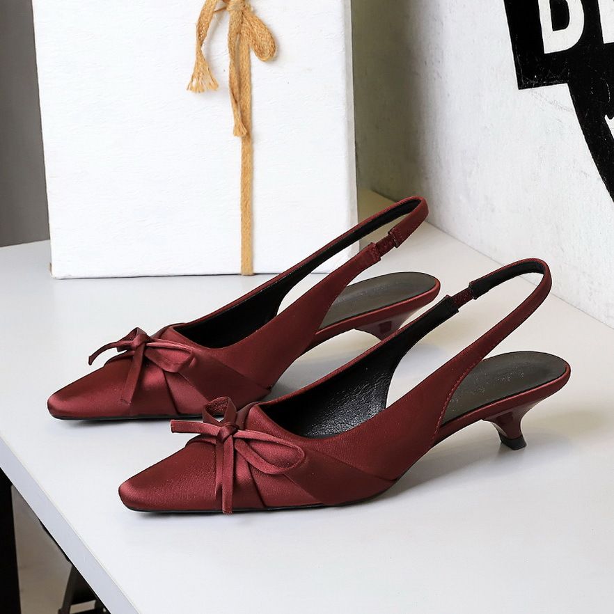 Elegant Satin Pointed Toe Low Heel Bowknot Dress Pumps For Women - Breathable Hollow Out Slip-On Shoes For Banquets & Parties Slingback Straps_vogvips.com