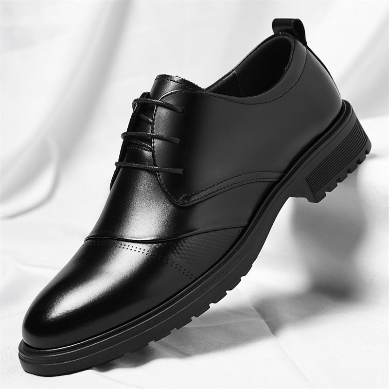 Men's Genuine Leather Dress Shoes Black Lace-up Wedding Shoes_vogvips.com