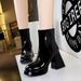 7992-1 Style Women's With Short Tube, Thick Heel, Super High Heels, Side Zipper, Round Toe, Shiny Surface, Patent_vogvips.com