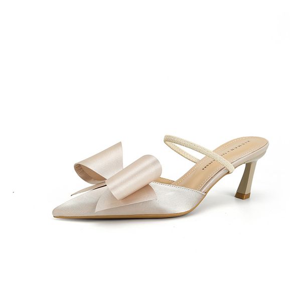 Qianluhui Sweet Style Bowknot Single Shoes Convertible Closed-Toe Half Slippers Summer New Women's High Heel Sandals_vogvips.com