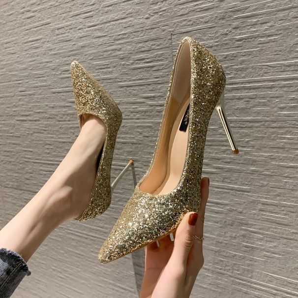 2024 New Spring/Summer Versatile Sequin Show He Clothing Chinese Wedding Bridal Shoes High Women's Thin Heels_vogvips.com