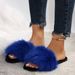 Autumn Winter New Home Round Furry Flat Large Size Open Toe One-Strap Outdoor Women's Slippers_vogvips.com