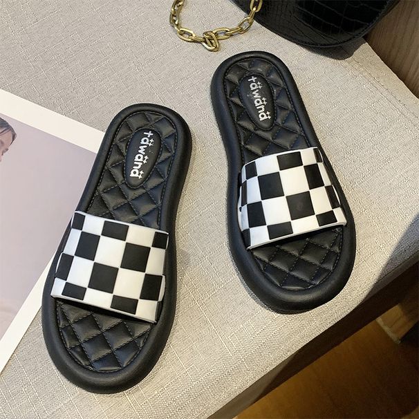 Women's Summer Outdoor Slippers, Trendy Black And White Plaid Flat Beach Sandals, Indoor Slide Sandals_vogvips.com