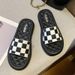 Women's Summer Outdoor Slippers, Trendy Black And White Plaid Flat Beach Sandals, Indoor Slide Sandals_vogvips.com