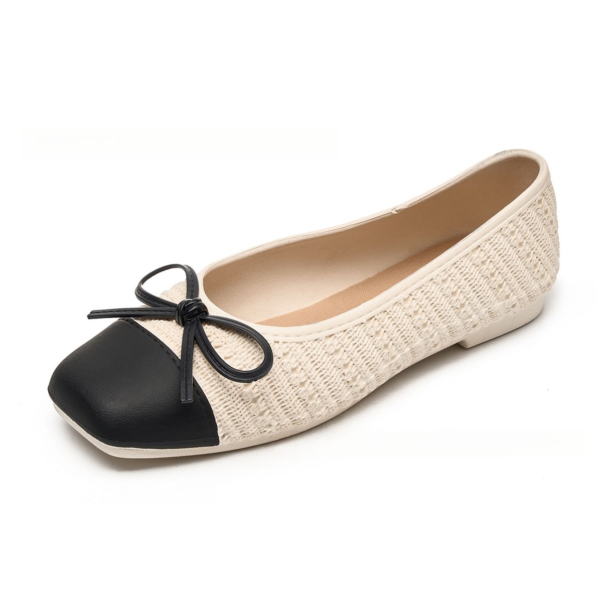 French-style Elegant Women's Shoes For Spring Autumn, Vintage Woven Patchwork Ballet Flats With Bow And Square Toe_vogvips.com