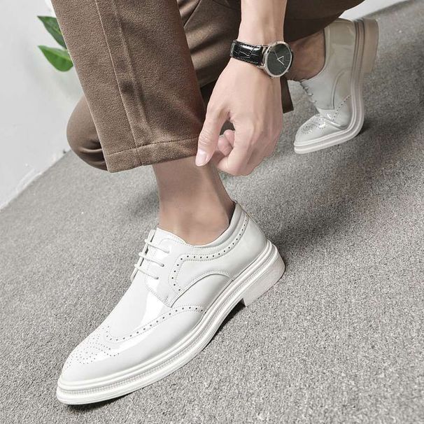 Euro Step New White Brogue Men's Leather Summer Breathable Business Formal British Style Pointed Wedding Shoes For Men_vogvips.com