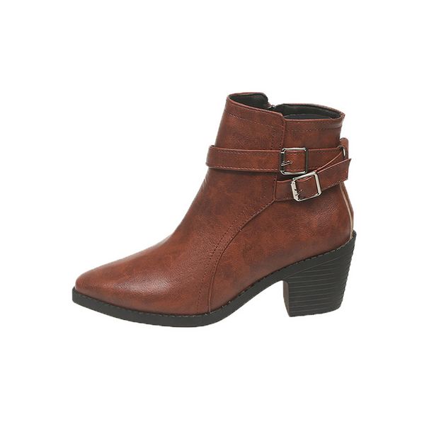 British Style High Heeled Martin Boots Plus Size Side Zipper Belt Buckle Chunky Heel Fashion Boots For Women_vogvips.com