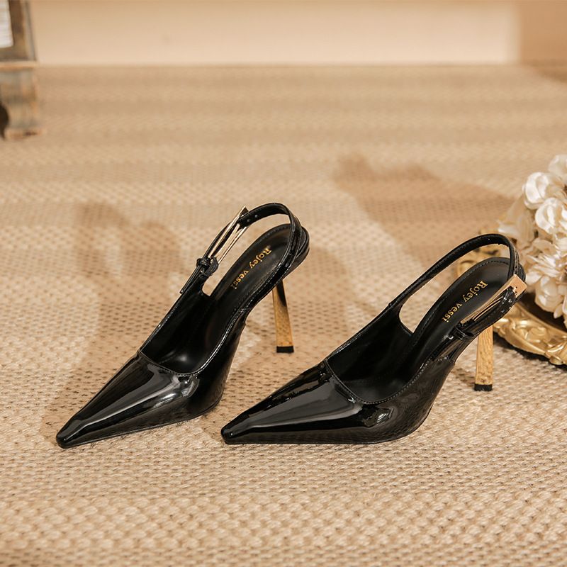 2026 Spring New Black Stiletto Heels With Thin Gold Straps, Pointed Toe Patent Leather Elegant Ankle Strap Sandals For_vogvips.com