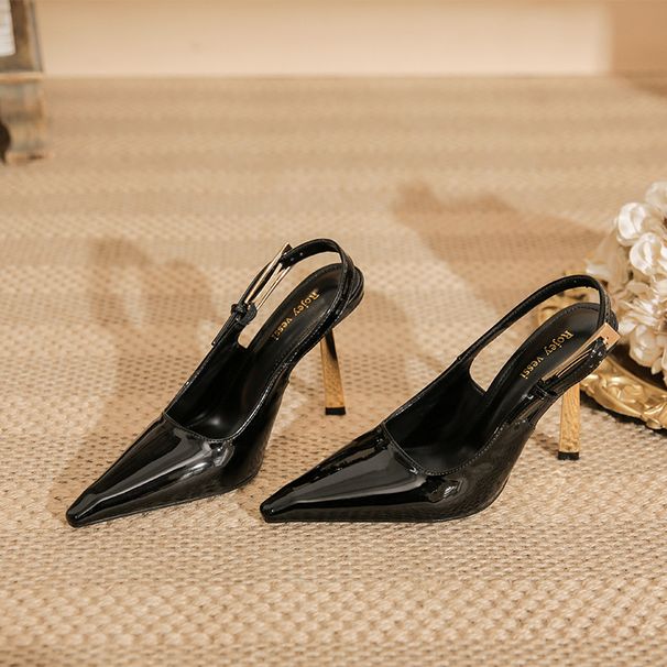 2026 Spring New Black Stiletto Heels With Thin Gold Straps, Pointed Toe Patent Leather Elegant Ankle Strap Sandals For_vogvips.com