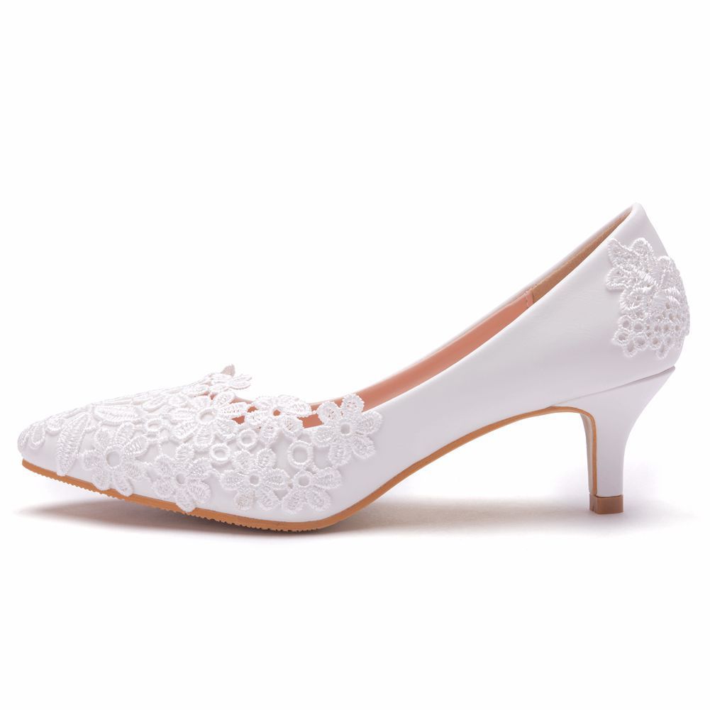 Women's Shoes Elegant and simple lace flower wedding shoes, white 5cm high heeled bridal shoes for wedding photos, adult ceremony shoes, wedding shoes_vogvips.com