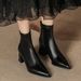 Autumn Winter Chunky Heel Mid-Calf Slim Boots Women, Slimming Back Zipper Black Pointed Toe Low-Cut Leather Boots, High_vogvips.com