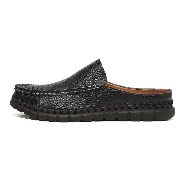 Men's Genuine Leather Mule Slippers Breathable Open-back Loafers Hand-stitched Non-slip Thick Sole Casual Slip-on Shoes_vogvips.com